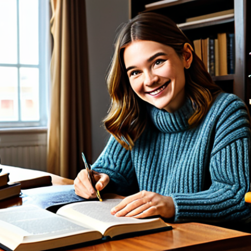 Home 20 **
"A writer at a wooden desk, surrounded by stacks of books, fully clothed in a comfortable sweater, expressing a warm smile as she types, conveying a sense of connection to her readers, professional setting, safe for work, appropriate content, perfect anatomy, natural proportions, family-friendly, well-formed hands, proper finger count, natural pose, high-quality illustration."
**