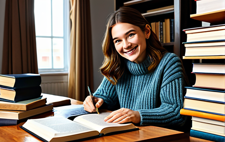 **
"A writer at a wooden desk, surrounded by stacks of books, fully clothed in a comfortable sweater, expressing a warm smile as she types, conveying a sense of connection to her readers, professional setting, safe for work, appropriate content, perfect anatomy, natural proportions, family-friendly, well-formed hands, proper finger count, natural pose, high-quality illustration."
**